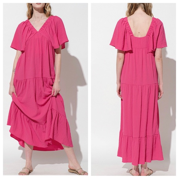 06 Boho V-Neck Flared Sleeve Tiered Maxi Dress - Picture 2 of 3